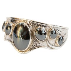 Wide Contoured Sterling Silver Hammered Cuff  Bracelet with Oval Hematite Caboch