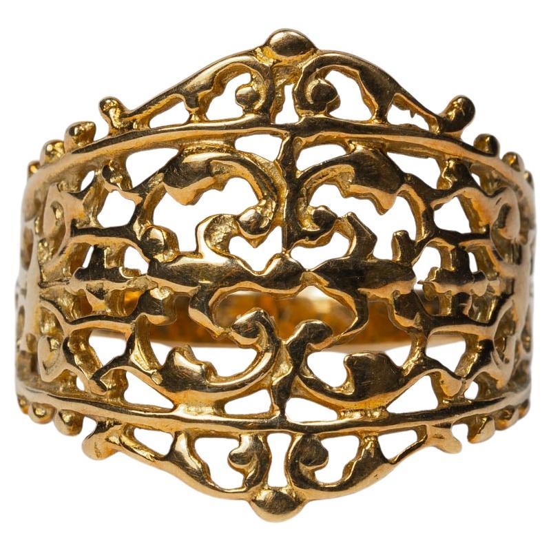 Wide Crown Yellow 18K Gold Band Ring, Fantasy Gold Cut Out Cigar Band