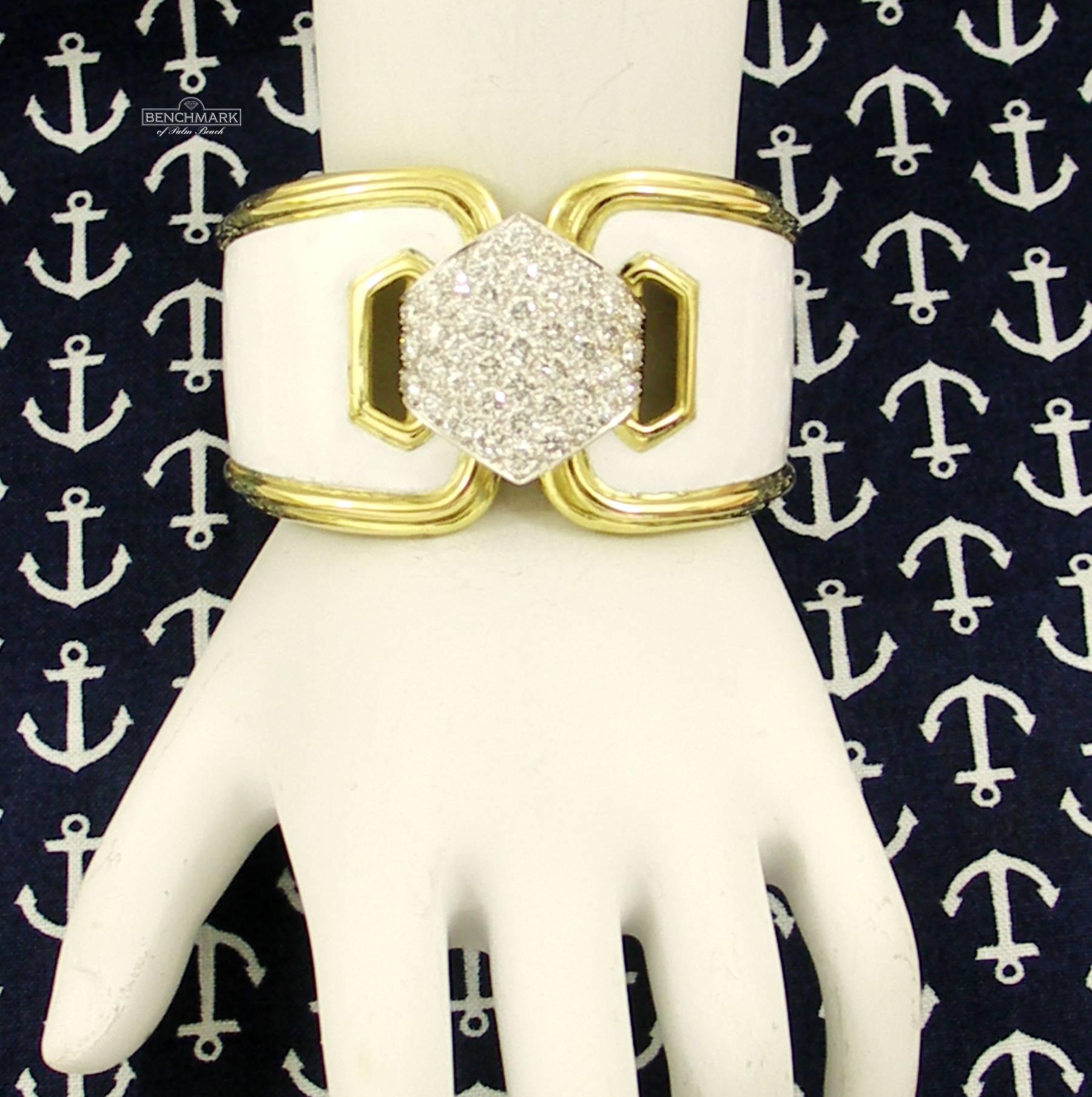 Women's Wide David Webb White Enamel Bracelet with Pave Diamond Centrepiece