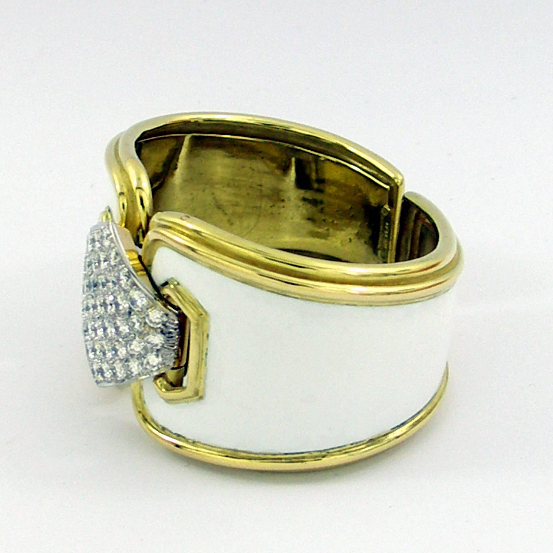 Wide David Webb White Enamel Bracelet with Pave Diamond Centrepiece 1