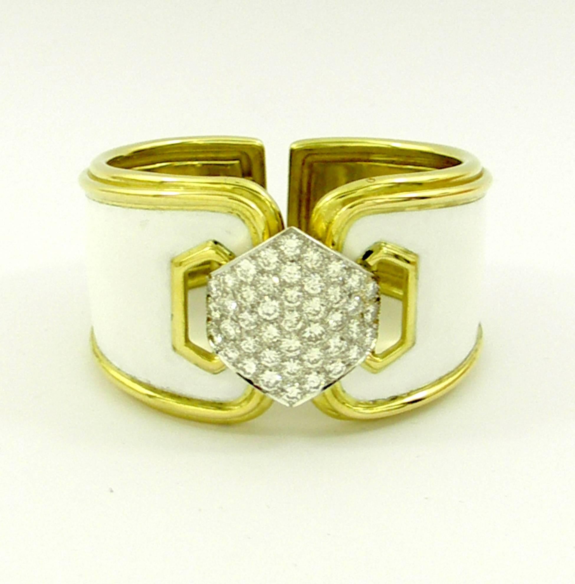 Wide David Webb White Enamel Bracelet with Pave Diamond Centrepiece 2