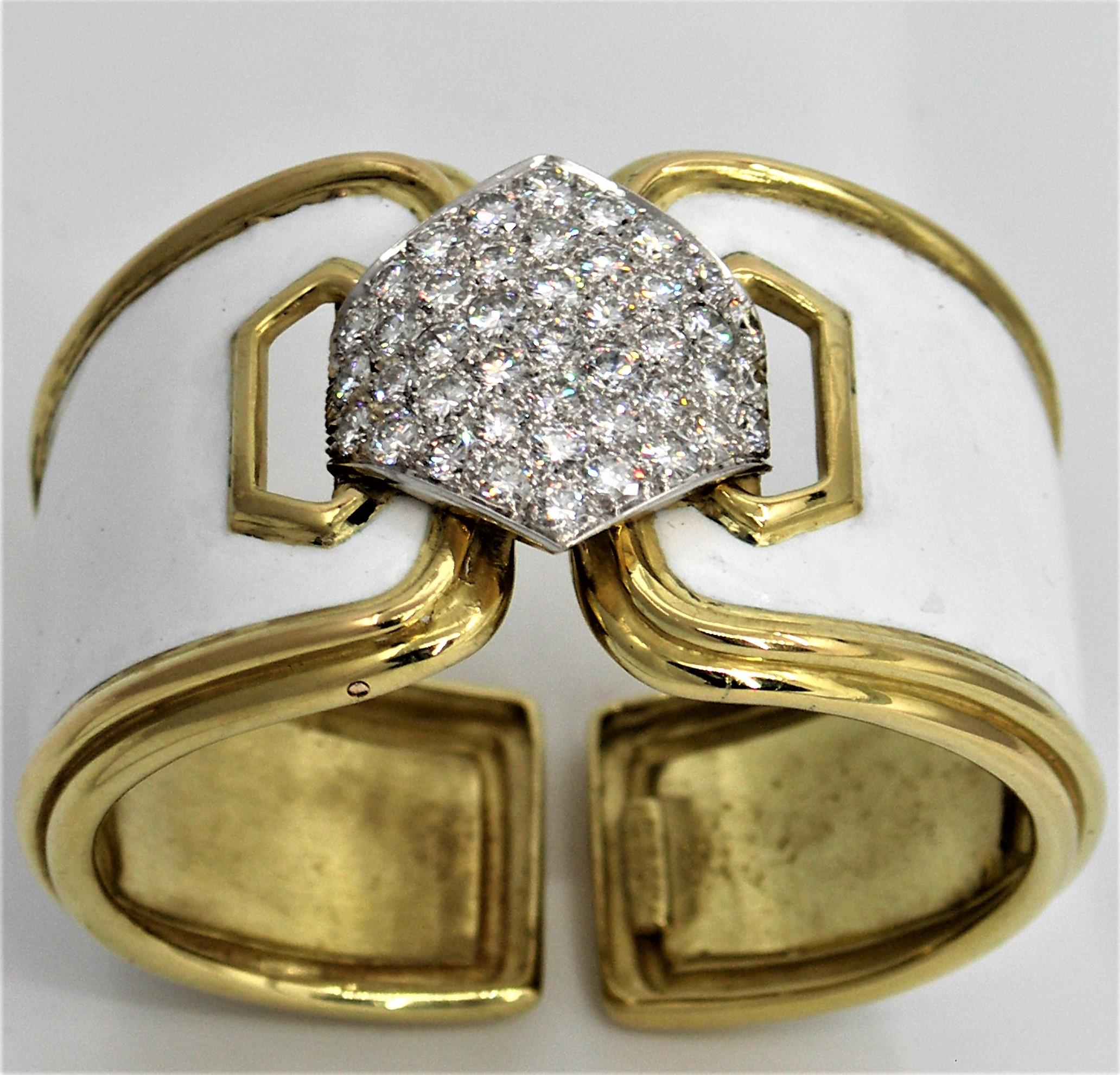 Wide David Webb White Enamel Bracelet with Pave Diamond Centrepiece 6