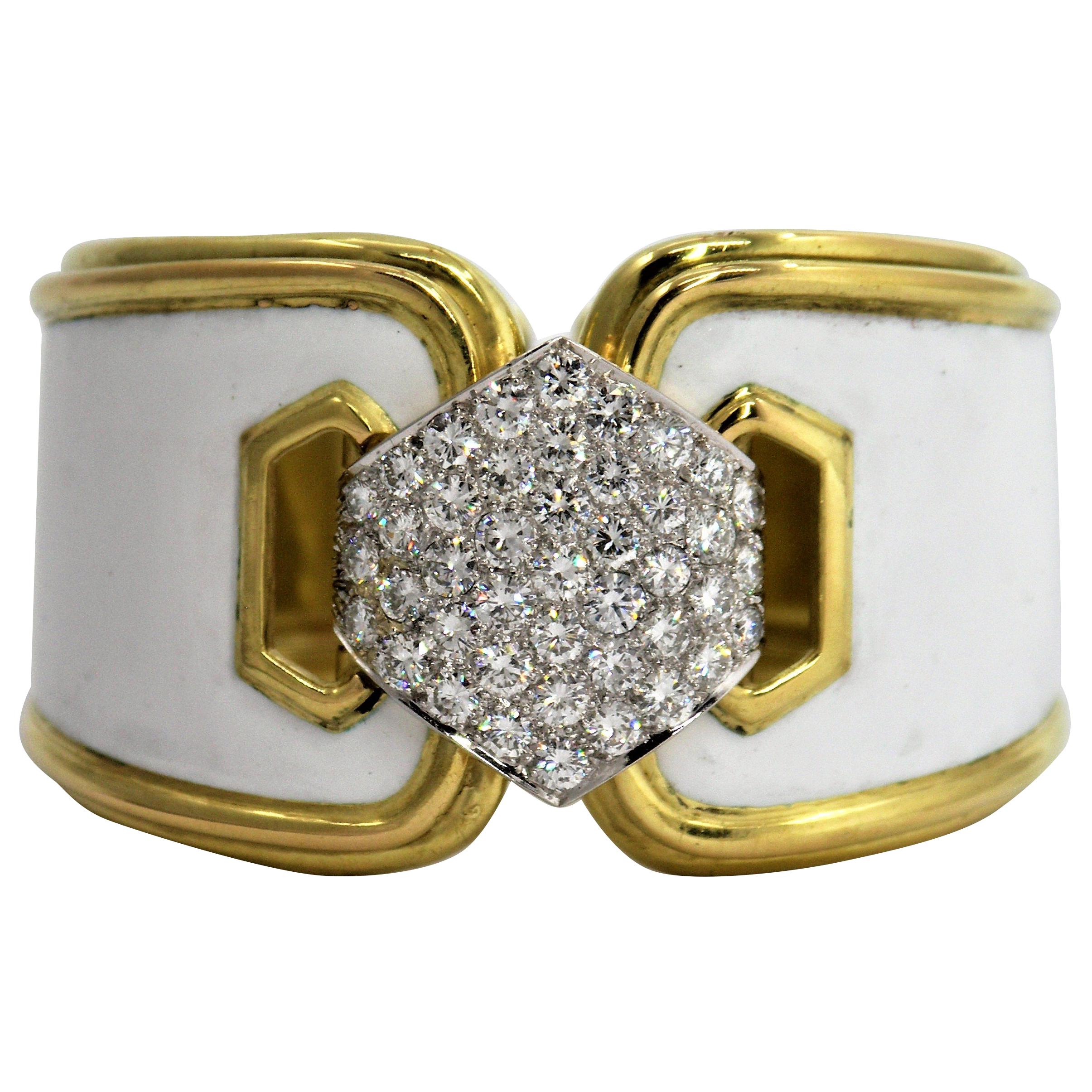 Wide David Webb White Enamel Bracelet with Pave Diamond Centrepiece