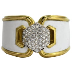 Wide David Webb White Enamel Bracelet with Pave Diamond Centrepiece