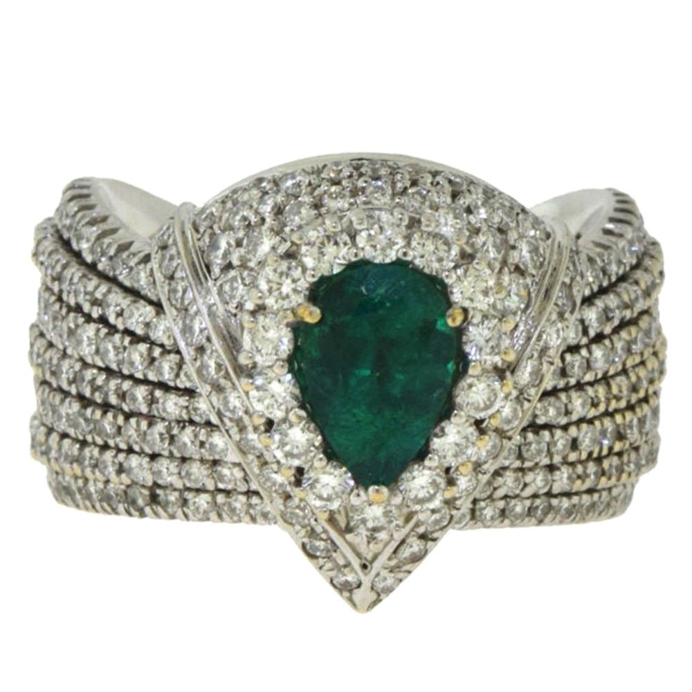 Wide Diamond and Emerald Center Stone White Gold Ring