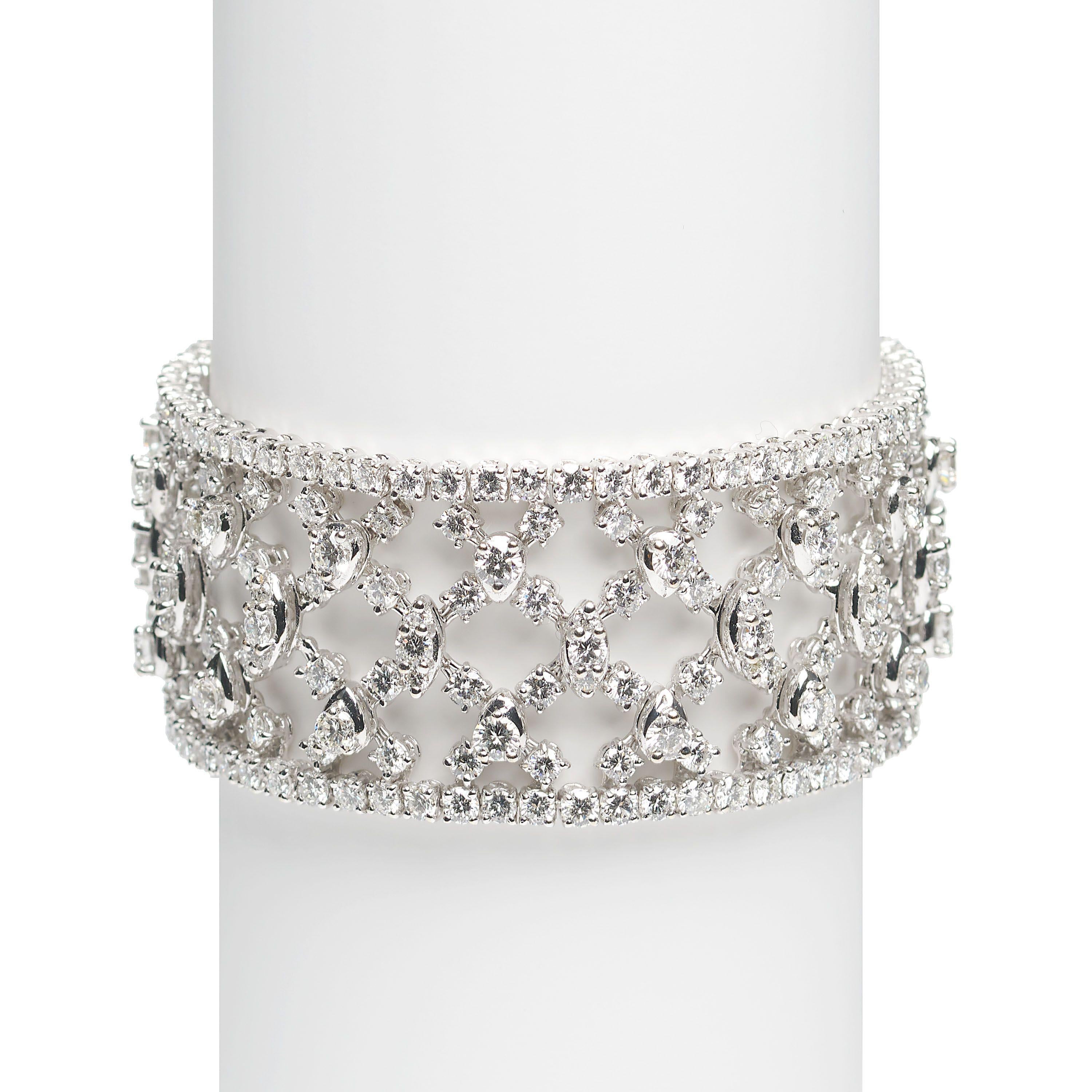Modern Wide Diamond And White Gold Trellis Bracelet, Circa 2000, 22.17 Carats For Sale
