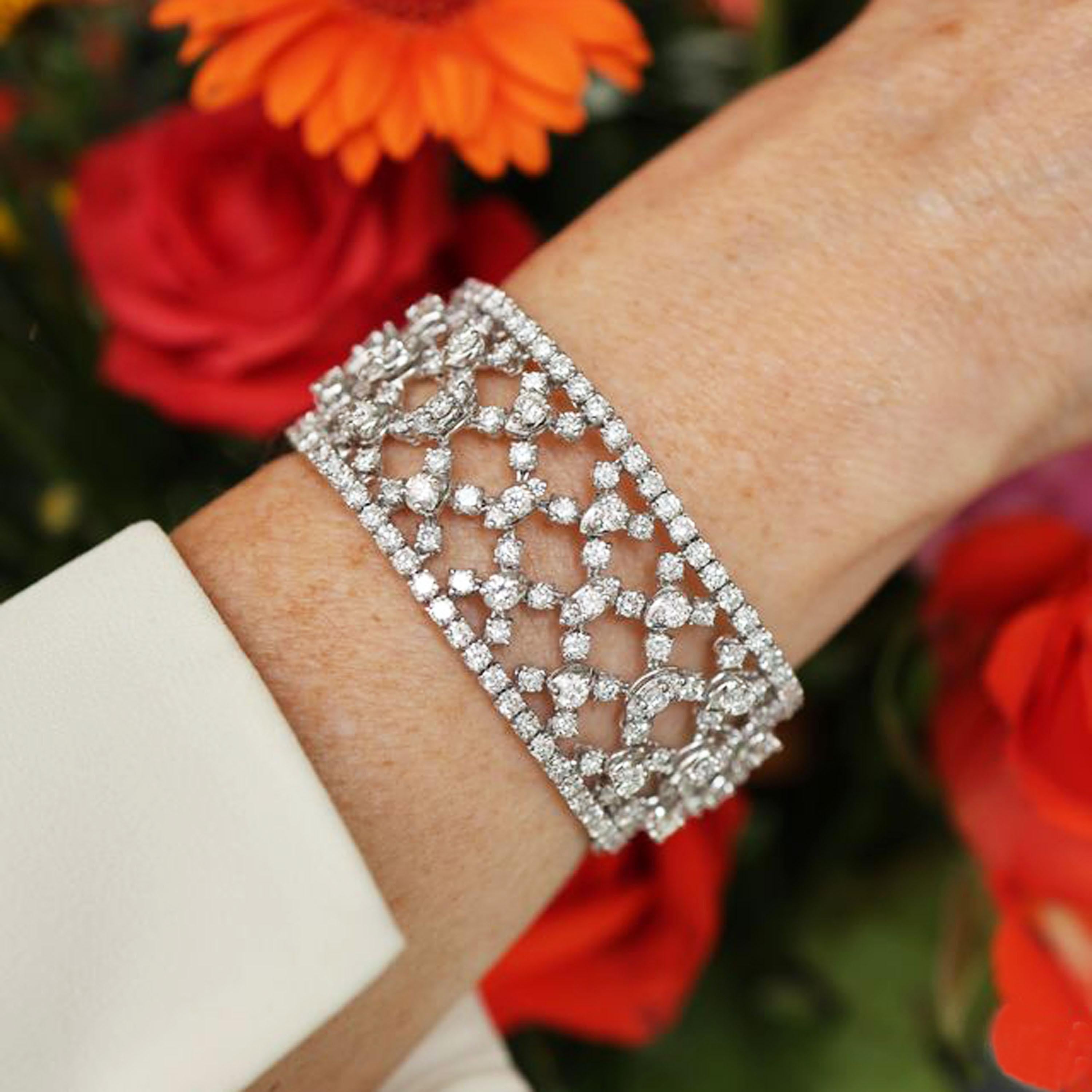 Brilliant Cut Wide Diamond And White Gold Trellis Bracelet, Circa 2000, 22.17 Carats For Sale