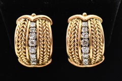 Wide Diamond and Yellow Gold Woven Huge Hoop Clip-on Earrings