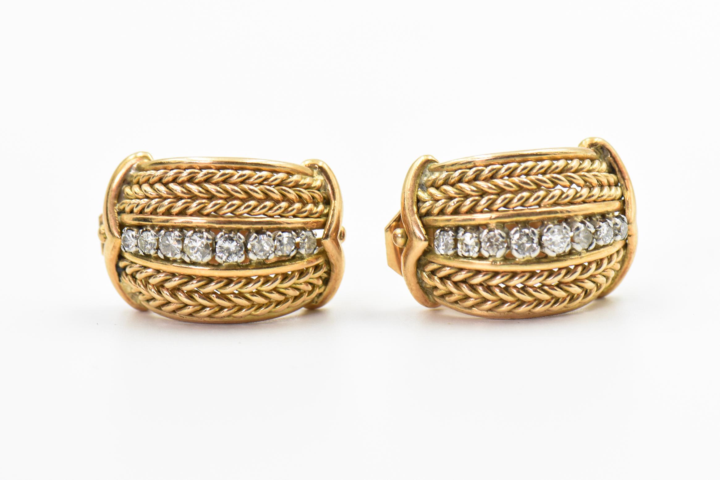 Round Cut Wide Diamond and Yellow Gold Woven Huge Hoop Clip-on Earrings For Sale