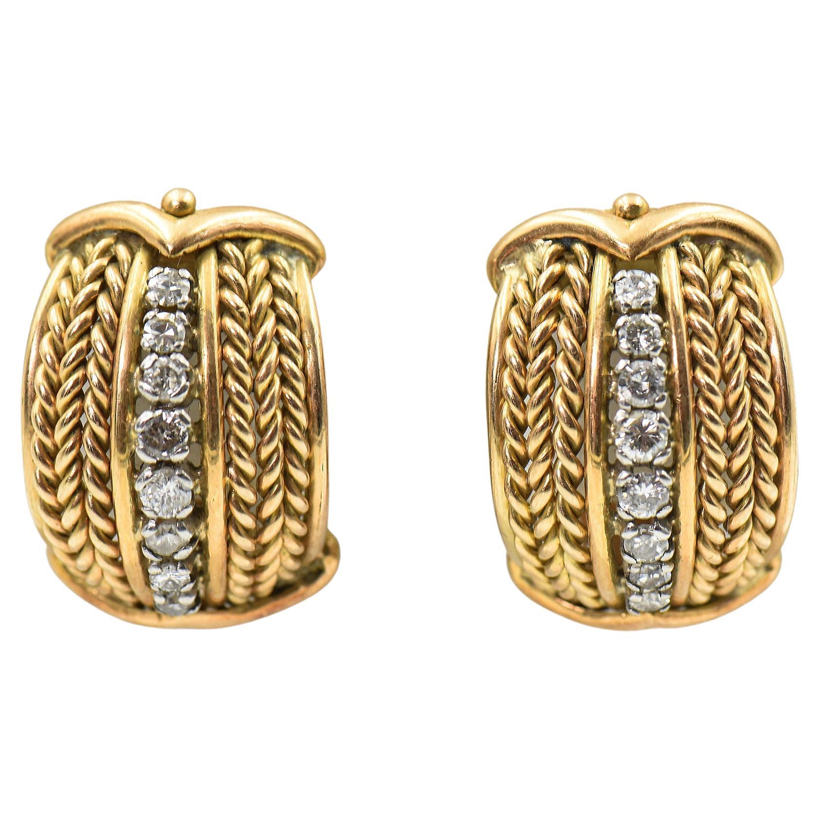 Wide Diamond and Yellow Gold Woven Huge Hoop Clip-on Earrings For Sale