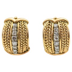 Wide Diamond and Yellow Gold Woven Huge Hoop Clip-on Earrings
