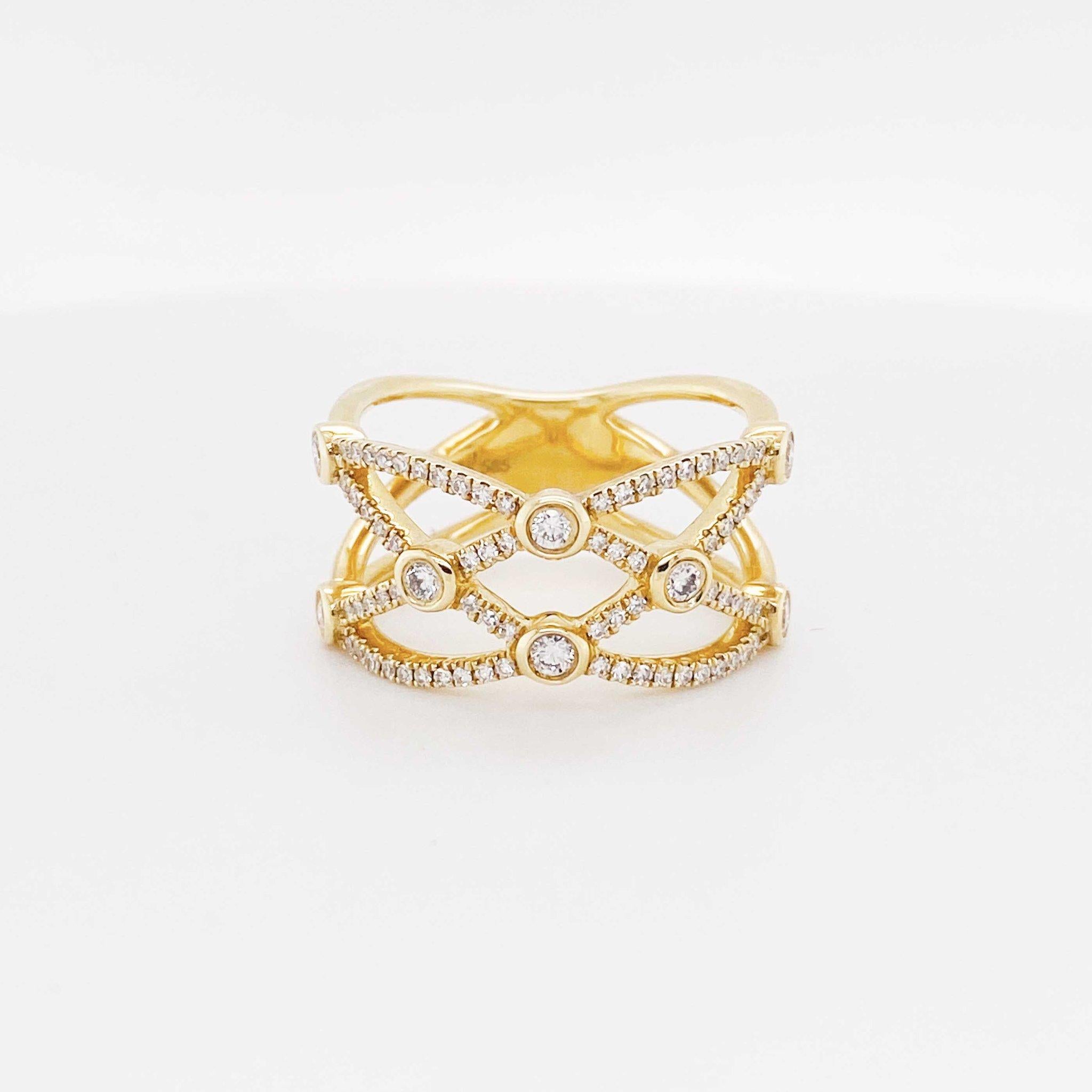 This weaved diamond band is exciting and trendy!  Encrusted with over 75 diamonds this band really sparkles and shines!  The bright 14 karat yellow gold and the beautifully cut diamonds make for a great presentation and can look great on any
