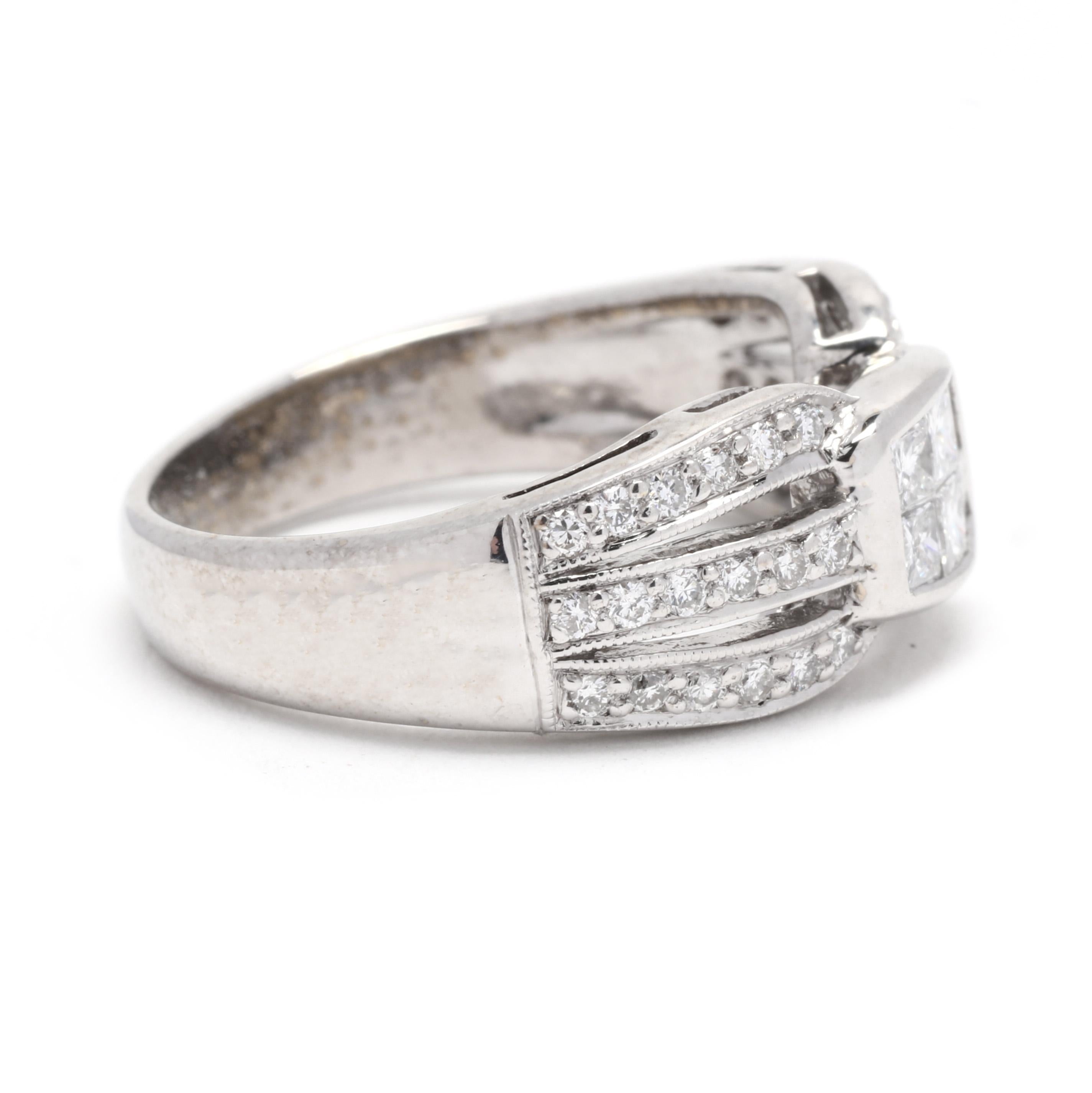 A vintage 18 karat white gold wide diamond band ring. This fancy diamond band features a pinch design with a central cluster of princess cut diamonds weighing approximately .42 total carats with a three row split band set with round brilliant cut