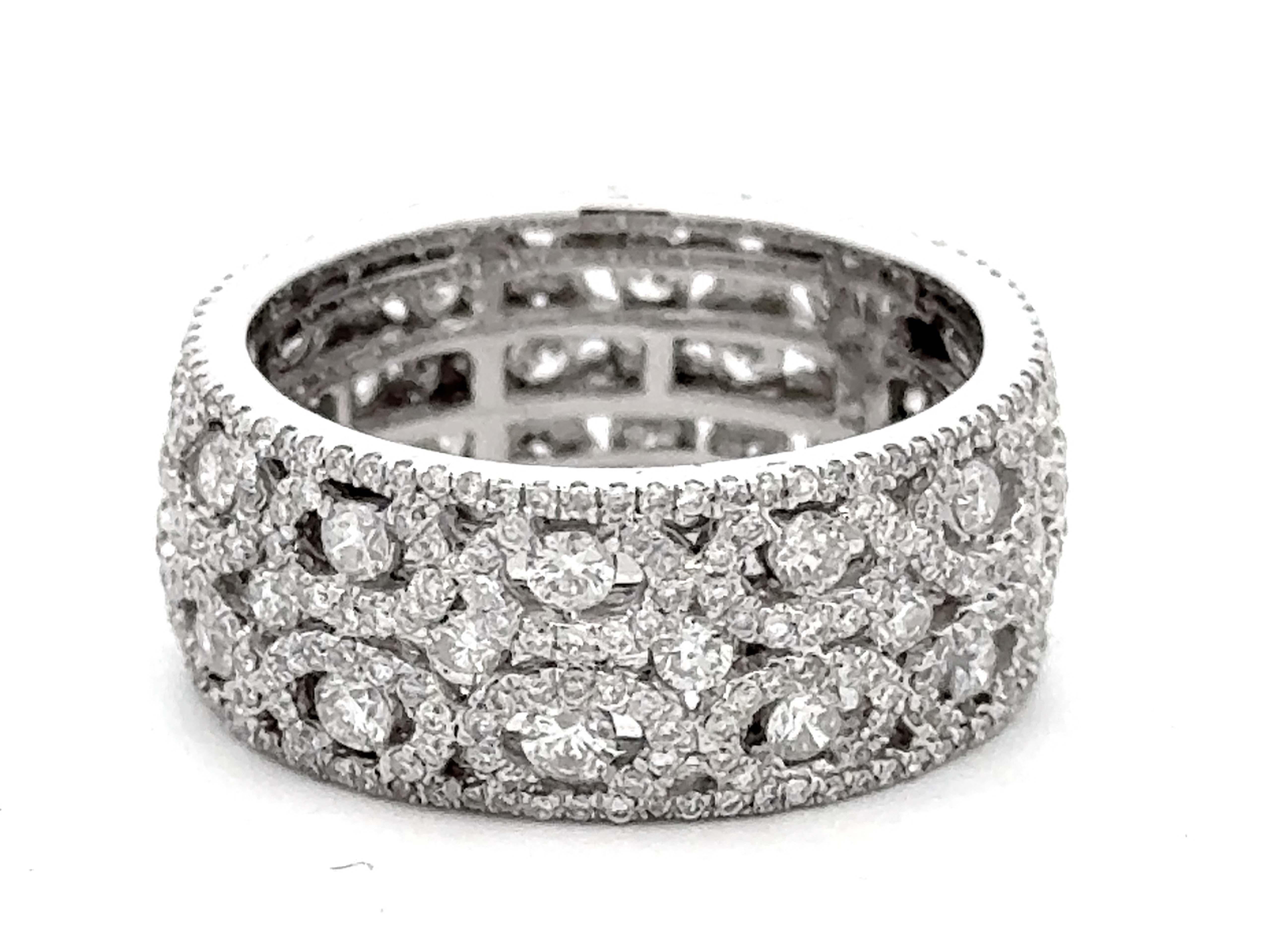 Modern Wide Diamond Band Ring with Diamond Halo Swirls 18k White Gold For Sale