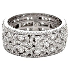 Vintage Wide Diamond Band Ring with Diamond Halo Swirls 18k White Gold