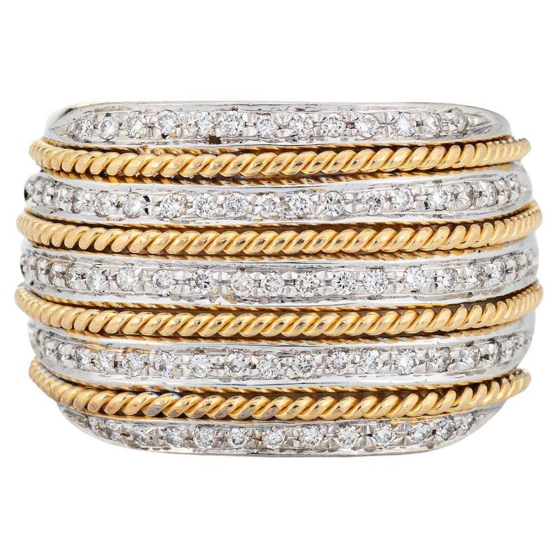 Large anneau de cigare vintage en or bicolore 18 carats à 5 rangées de diamants