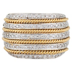 Wide Diamond Band Vintage Cigar Ring 18k Two Tone Gold 5 Rows Jewelry