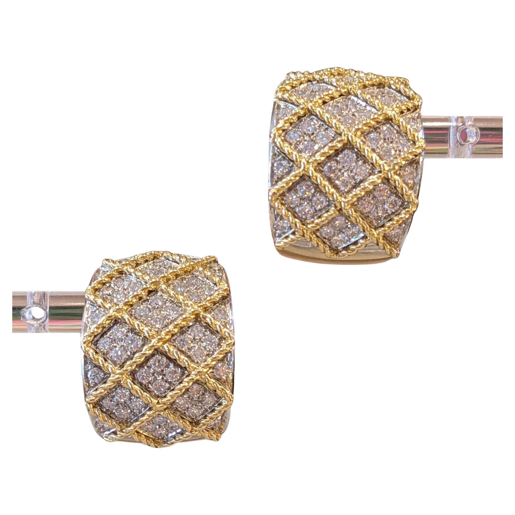 Wide Diamond Crosshatch Hoop Earrings in 18k Yellow Gold