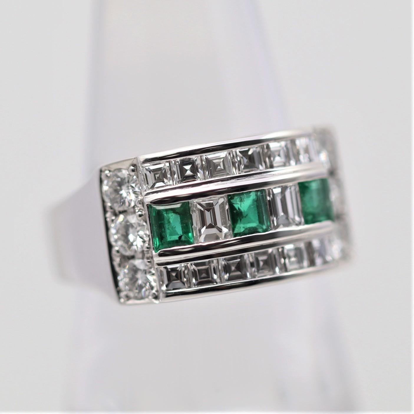 Mixed Cut Wide Diamond Emerald Platinum Band Ring For Sale