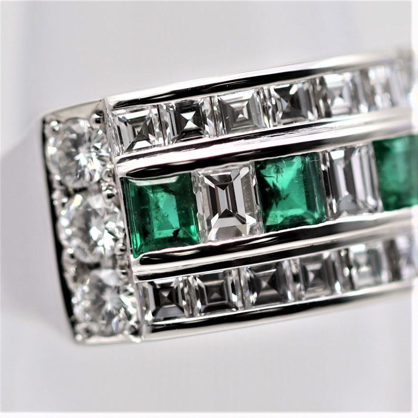 Women's Wide Diamond Emerald Platinum Band Ring For Sale