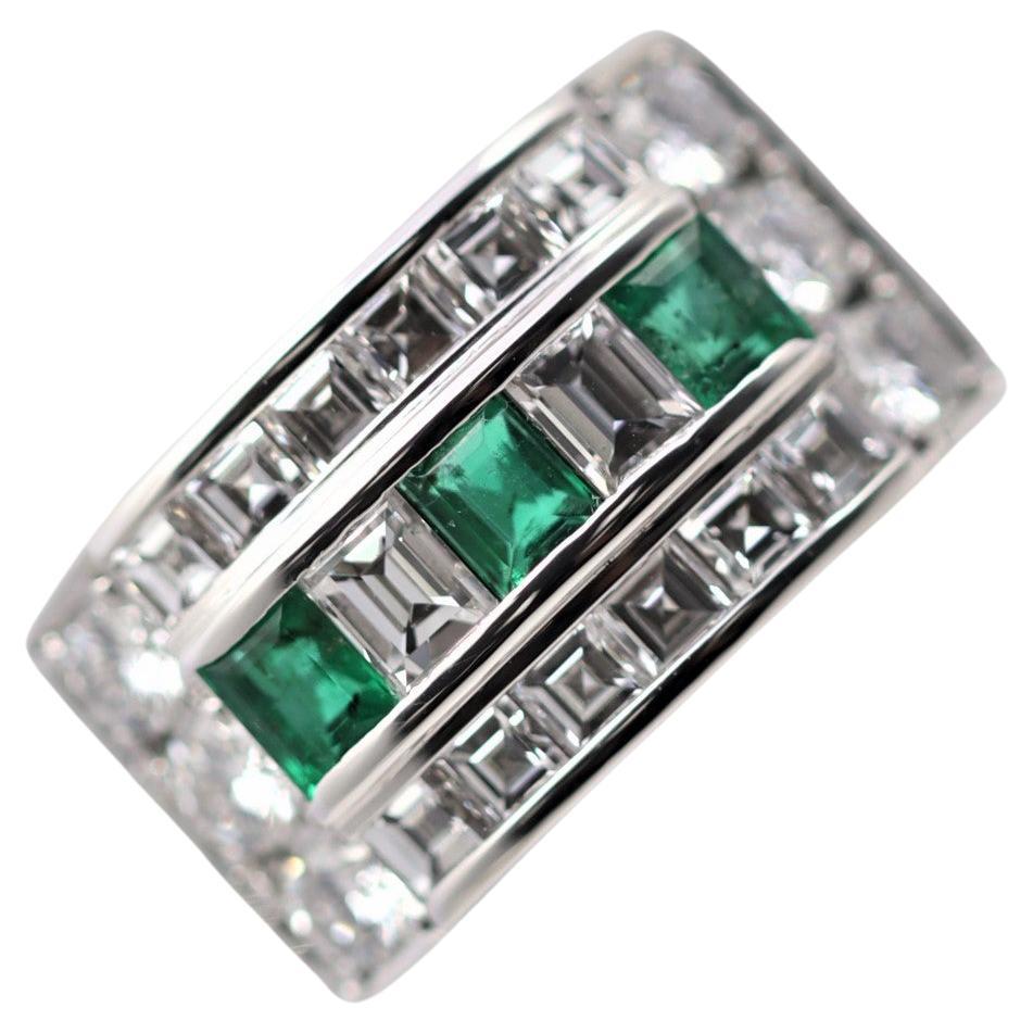 Wide Diamond Emerald Platinum Band Ring For Sale