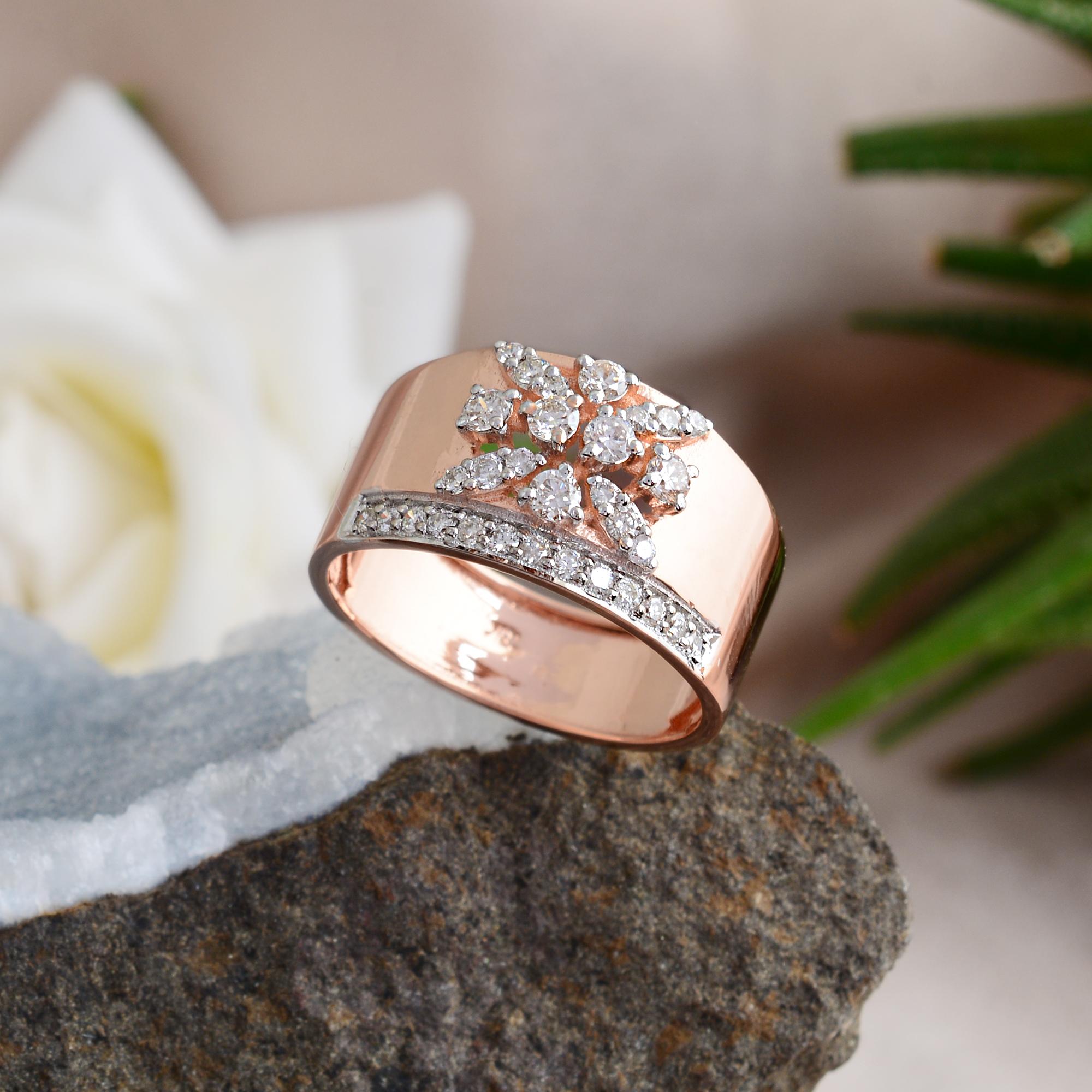 For Sale:  Wide Diamond Floral Cluster Band Ring in 18k Solid Rose Gold 2