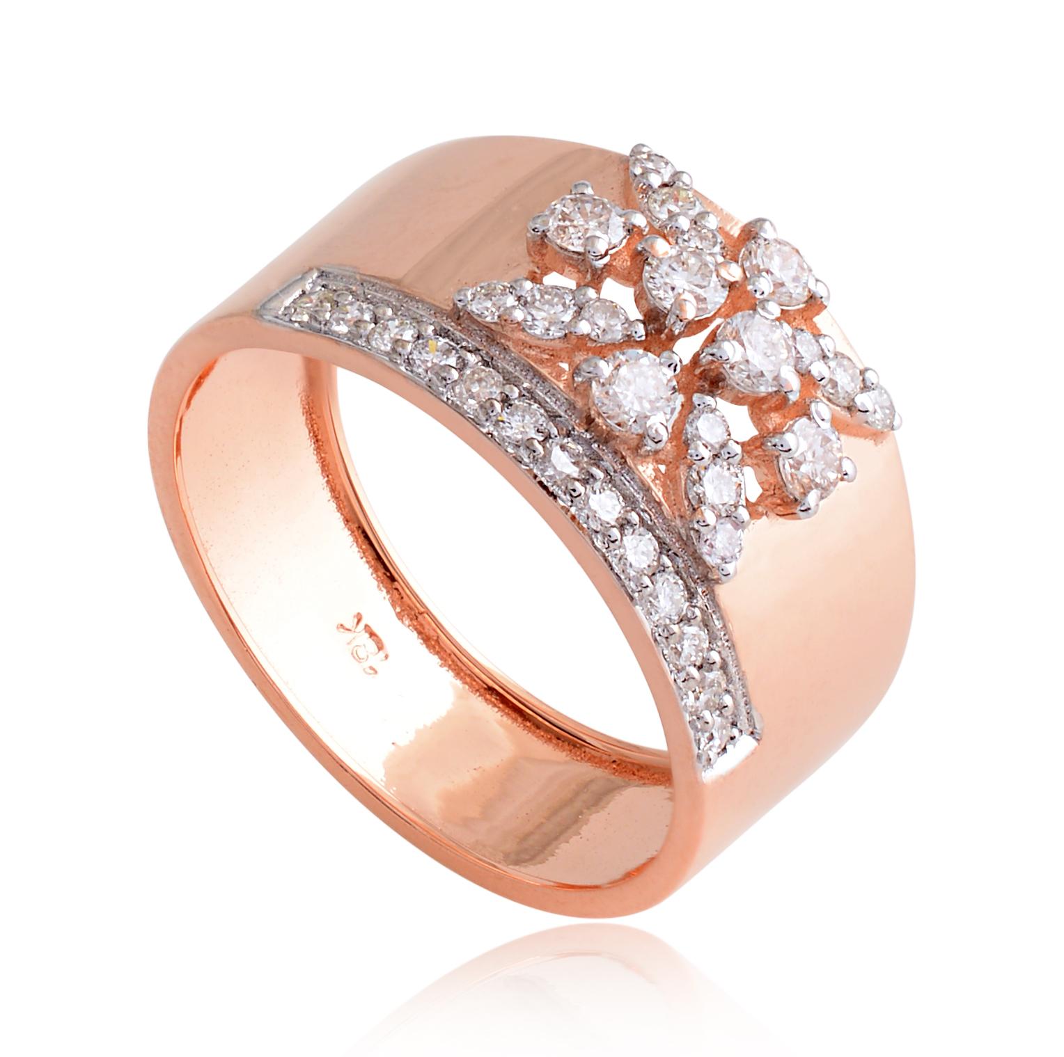 For Sale:  Wide Diamond Floral Cluster Band Ring in 18k Solid Rose Gold 5