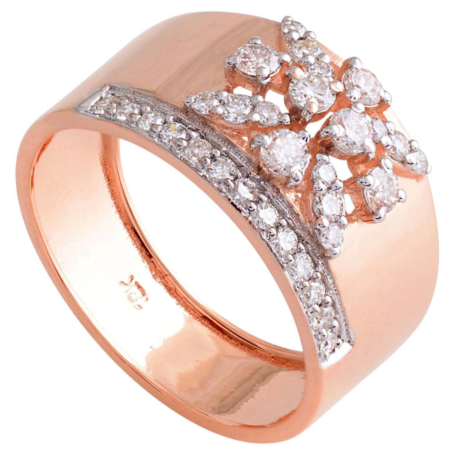 For Sale:  Wide Diamond Floral Cluster Band Ring in 18k Solid Rose Gold