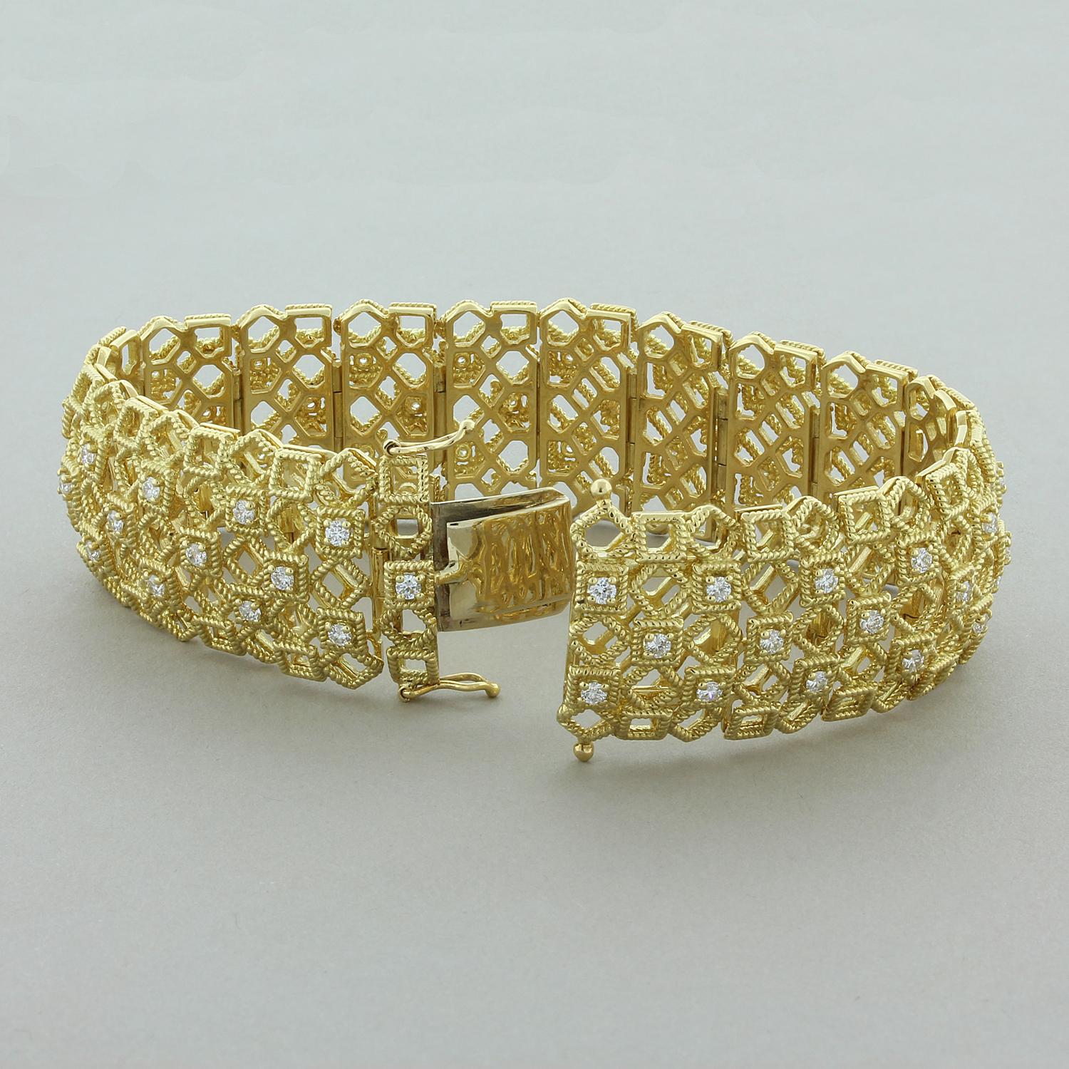 An ornamentally fun square design bracelet set in 18K yellow gold. The bracelet features 2.49 carats of round VS quality diamonds all around.  It has a seamless box clasp lock with two safety clasps on either side.   

Bracelet Length: 7.25