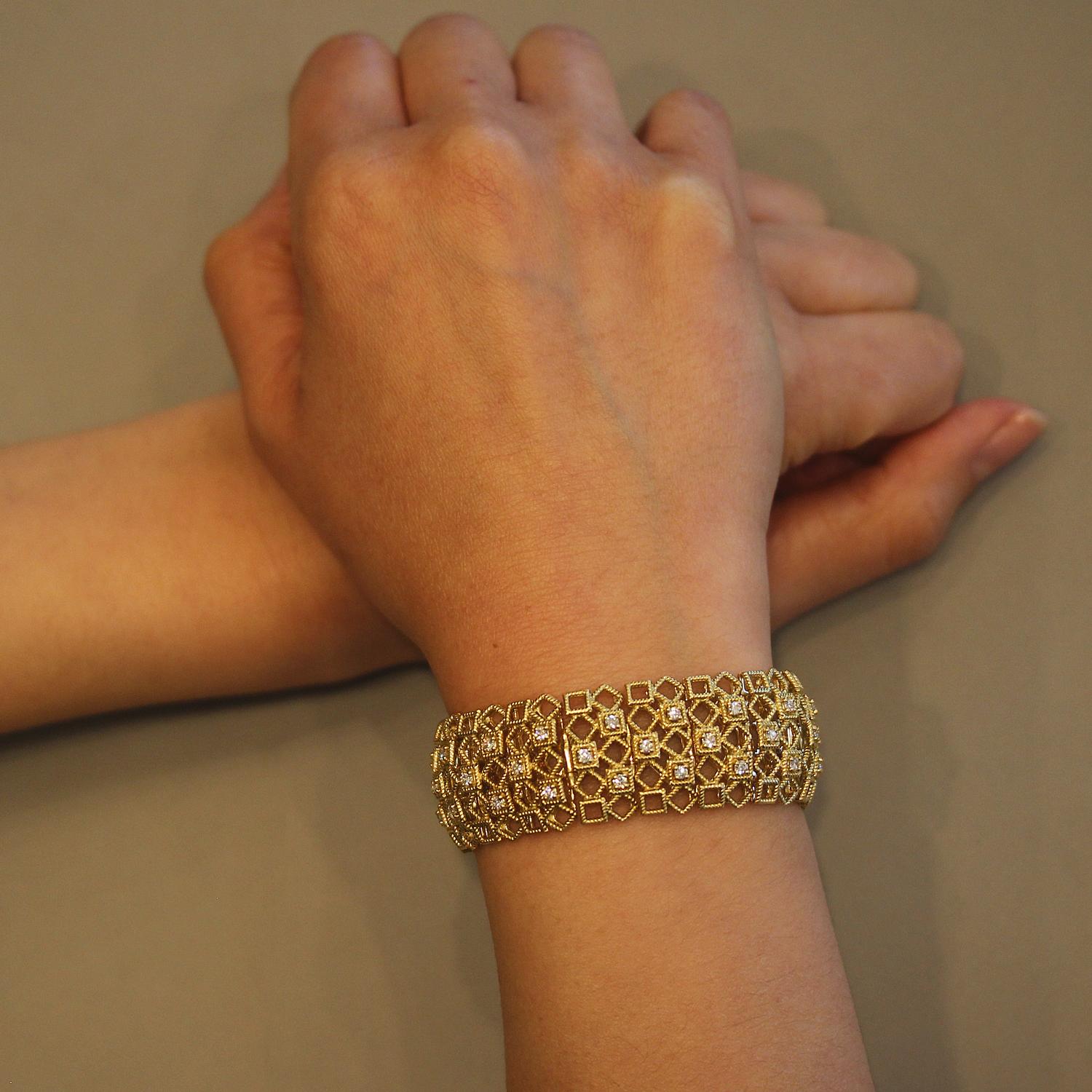 Wide Diamond Gold Shapes Bracelet In New Condition In Beverly Hills, CA