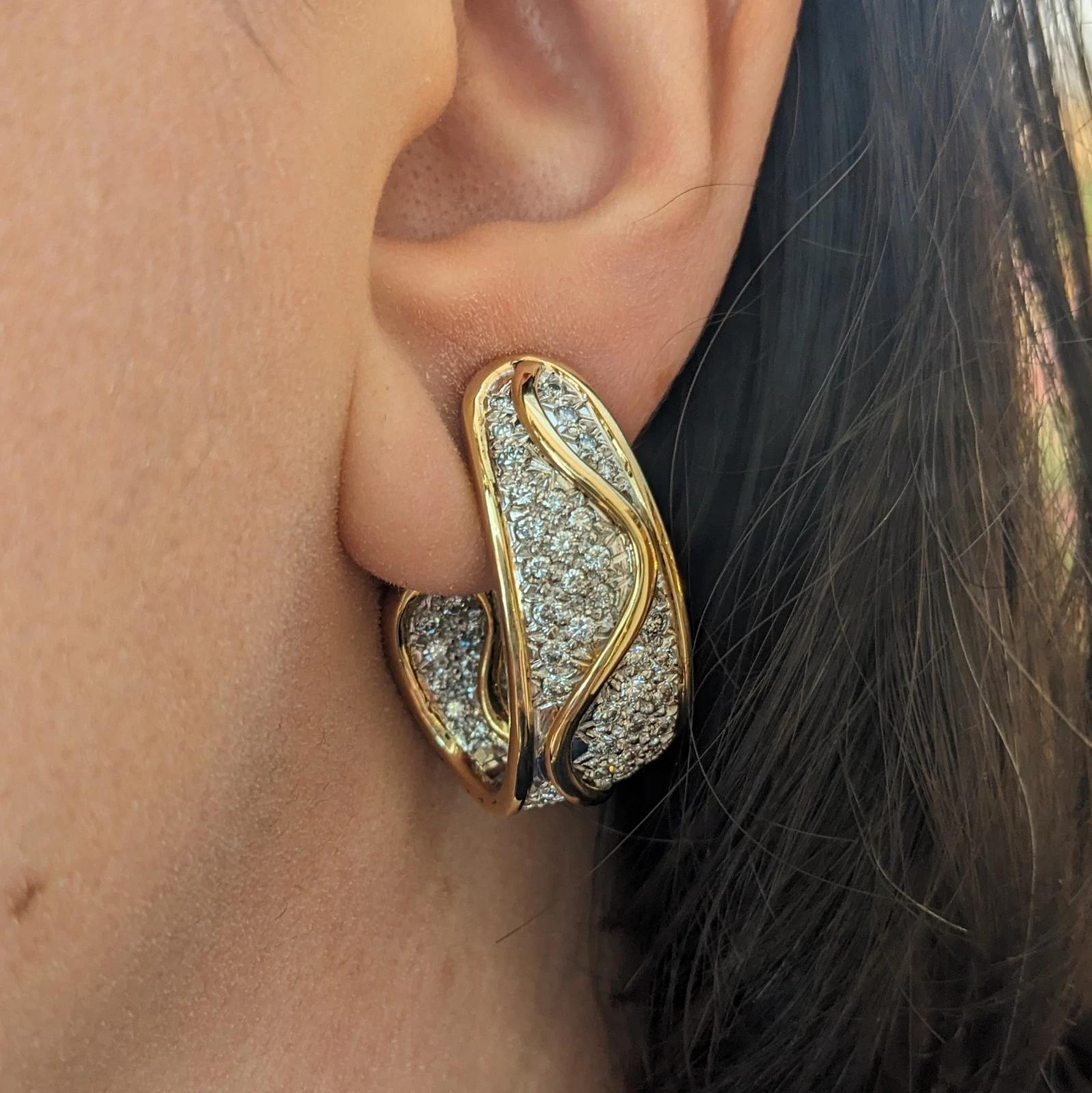 Wide Diamond Hoop Earrings in Platinum & 18k Yellow Gold 

Diamond Earrings features Round Brilliant Diamonds pave set on the front and inside hoop set in 18k Yellow Gold and Platinum. 

Total diamond weight is estimated to be 2.00 carats.

Earrings
