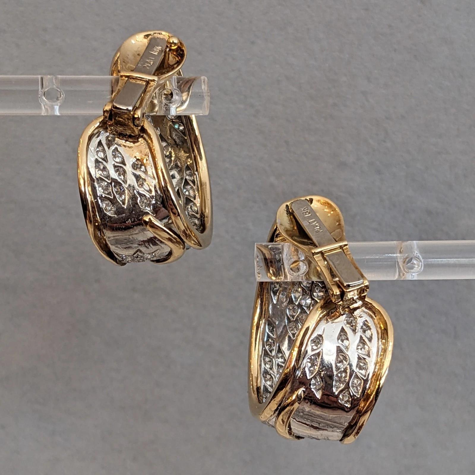 Round Cut Wide Diamond Hoop Earrings in Platinum & 18k Yellow Gold For Sale