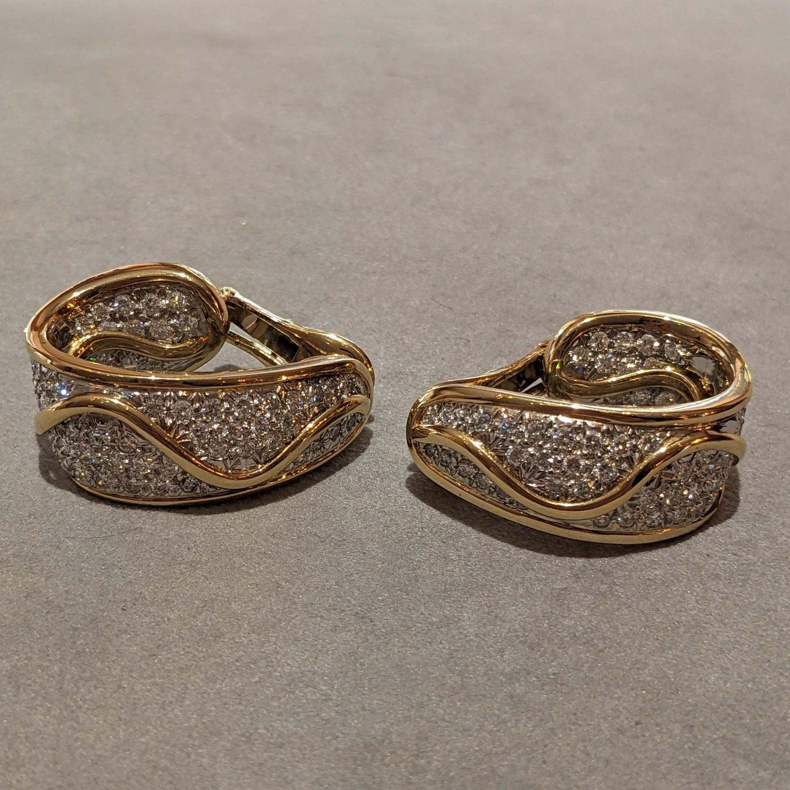 Women's Wide Diamond Hoop Earrings in Platinum & 18k Yellow Gold For Sale