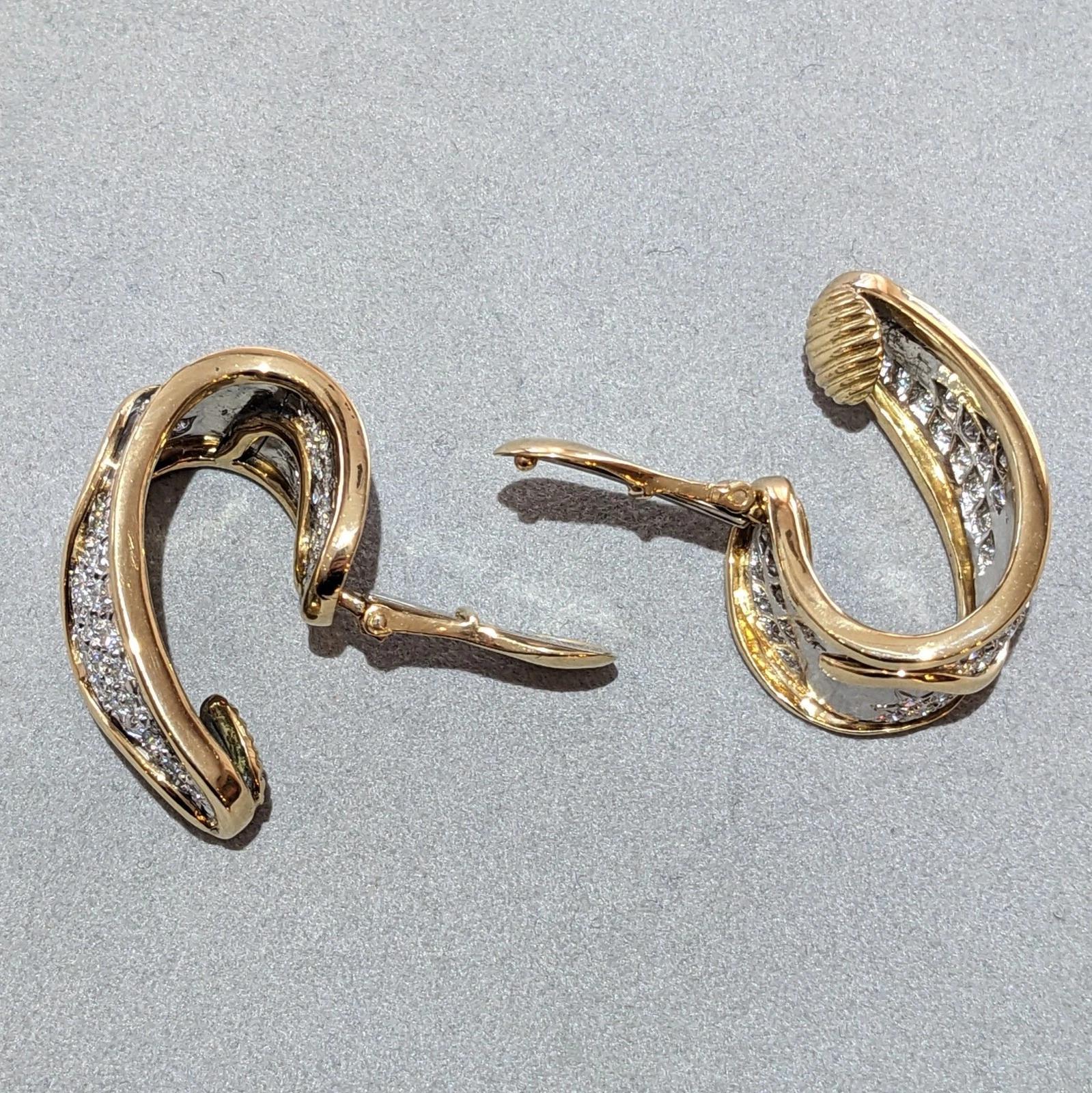 Wide Diamond Hoop Earrings in Platinum & 18k Yellow Gold For Sale 1