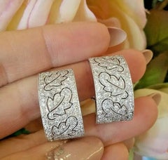 Wide Diamond Hoop Earrings Leaf Design in 18k White Gold