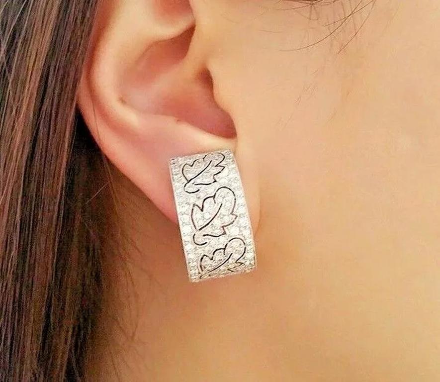 Round Cut Wide Diamond Hoop Earrings Leaf Design in 18k White Gold For Sale