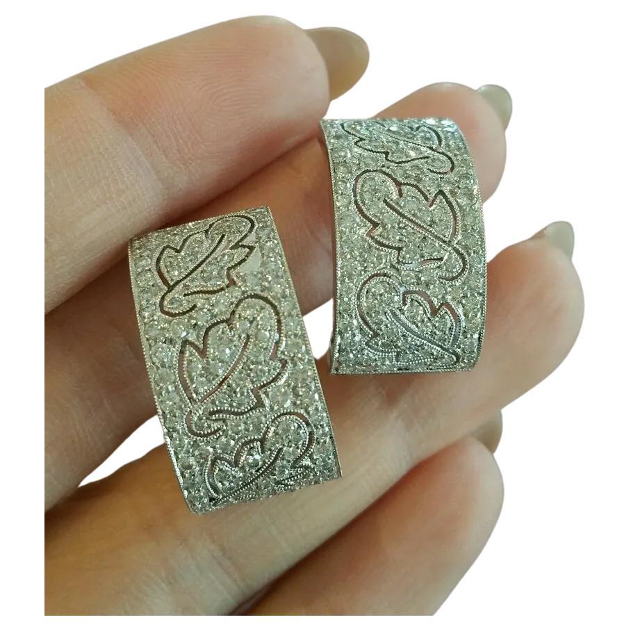 Wide Diamond Hoop Earrings Leaf Design in 18k White Gold For Sale