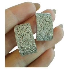 Wide Diamond Hoop Earrings Leaf Design in 18k White Gold