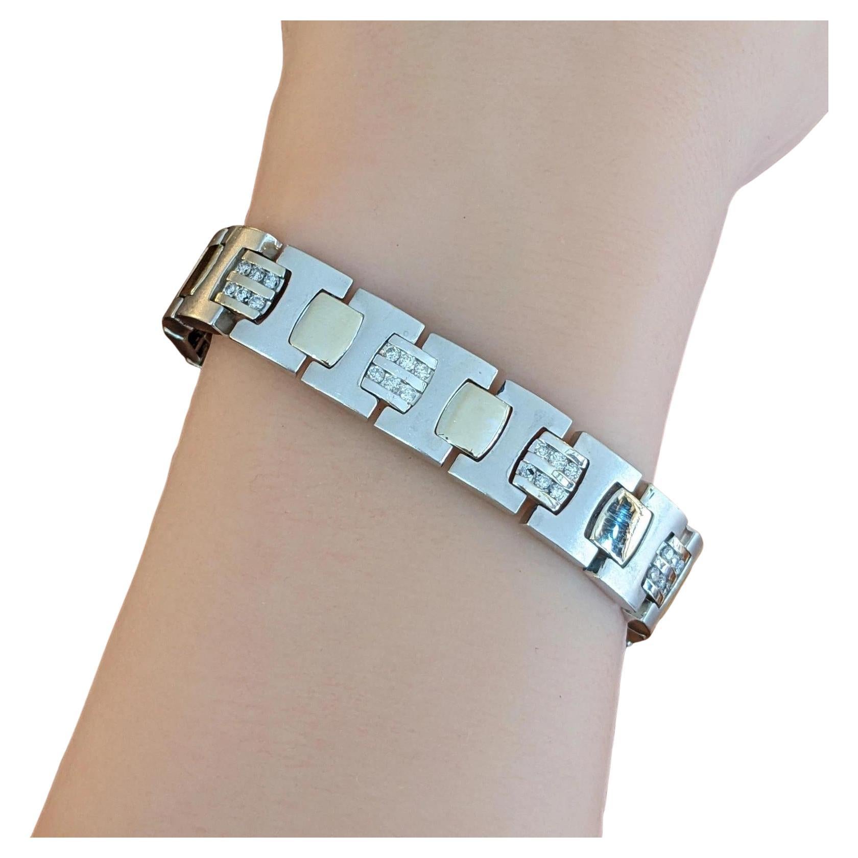 Pulsera ancha de eslabones con diamantes de 8" de oro blanco amarillo de 14k en venta
