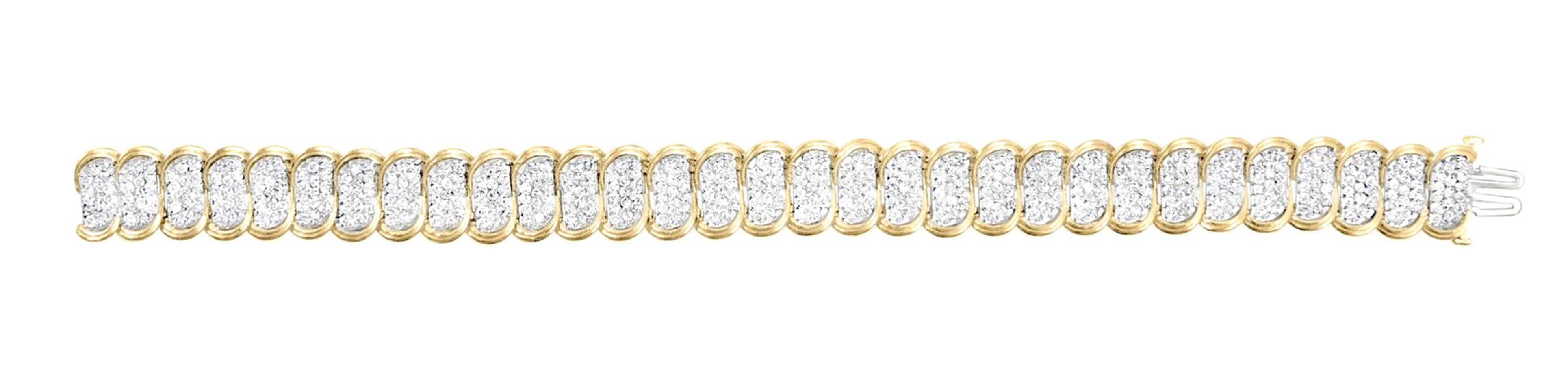 Contemporary Wide Diamond Link Bracelet Round Brilliant Cut 5 Carats 10K Yellow Gold For Sale