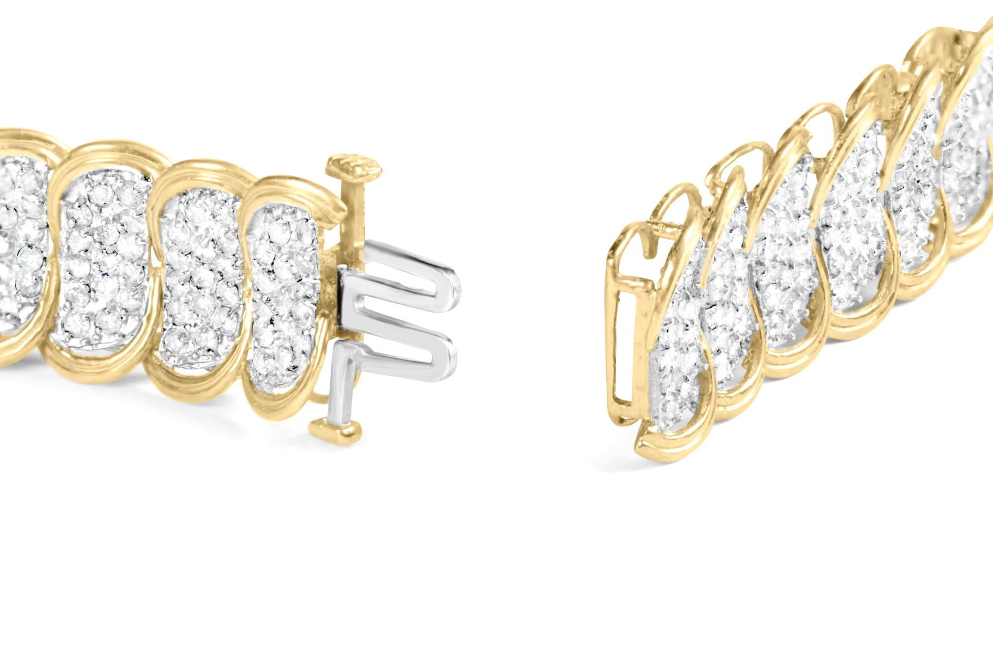 Taille ronde Wide Diamond Link Bracelet Round Brilliant Cut 5 Carats 10K Yellow Gold en vente
