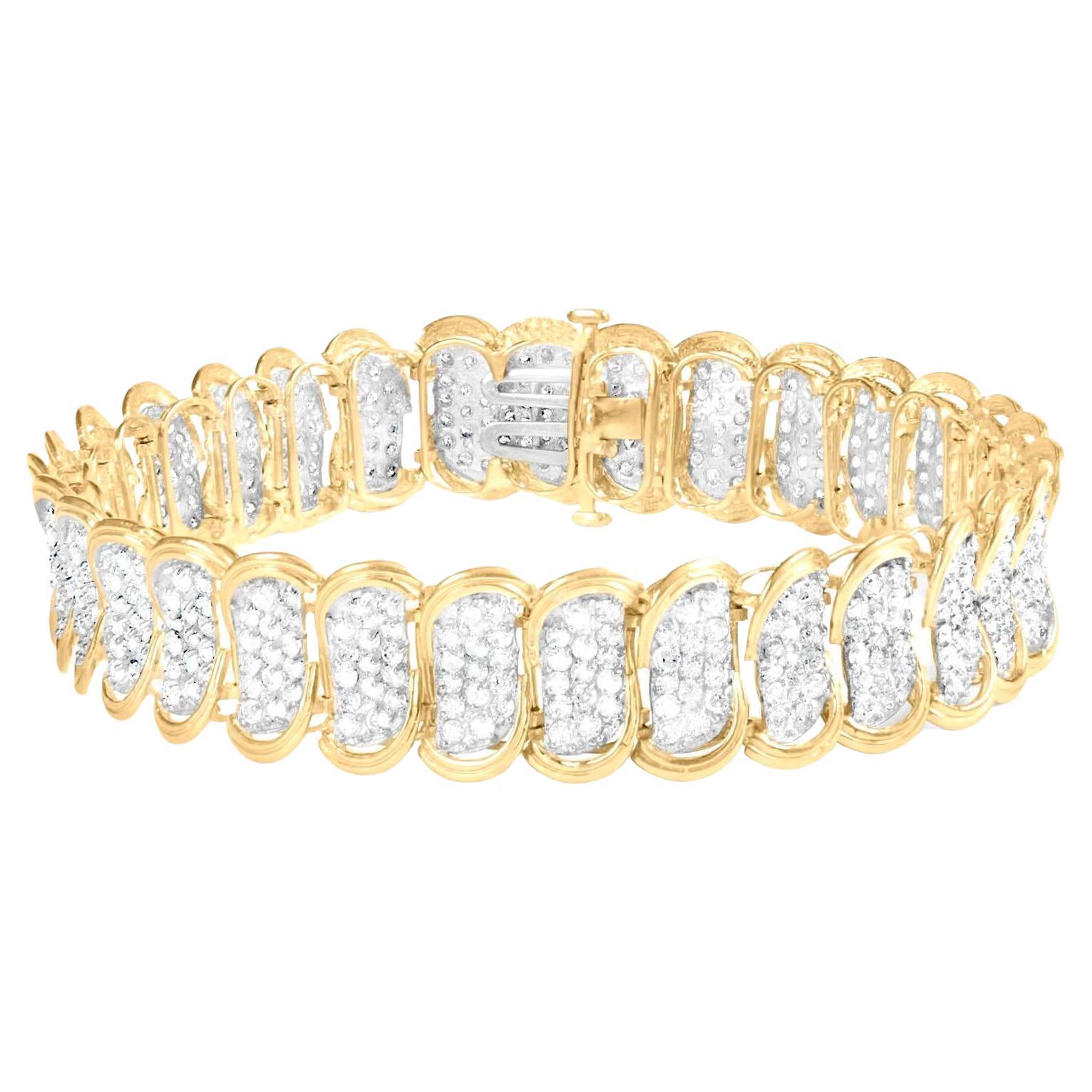 Wide Diamond Link Bracelet Round Brilliant Cut 5 Carats 10K Yellow Gold For Sale