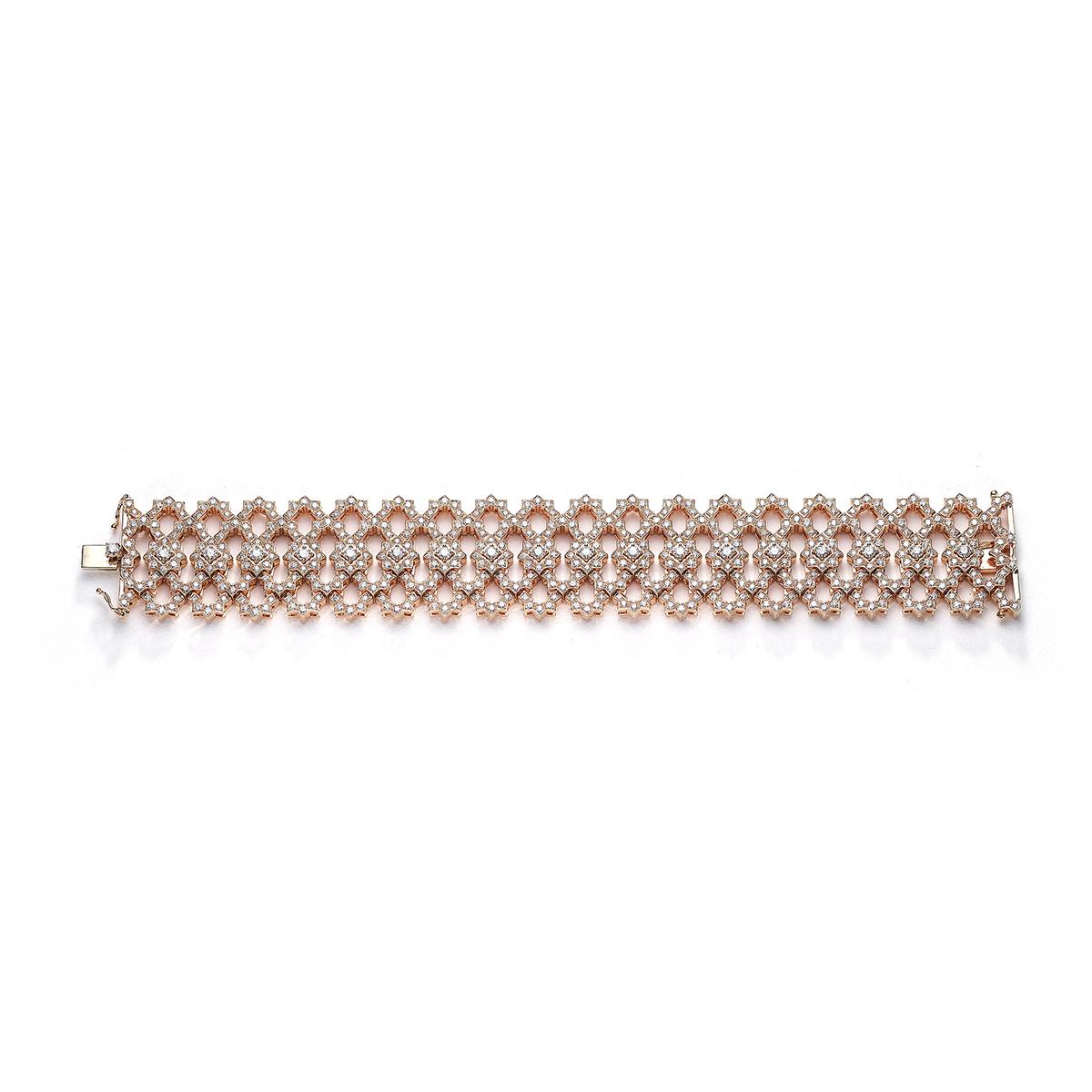 Round Cut Wide Diamond Pink Gold Bracelet For Sale