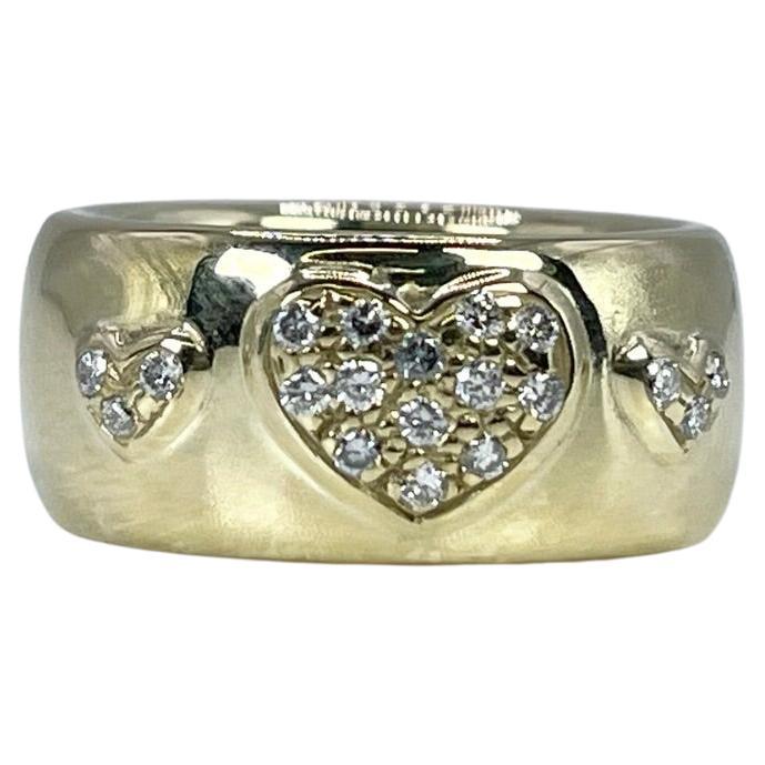 Wide Diamond Ring 14kt Yellow Gold Hearts Diamond Ring For Sale