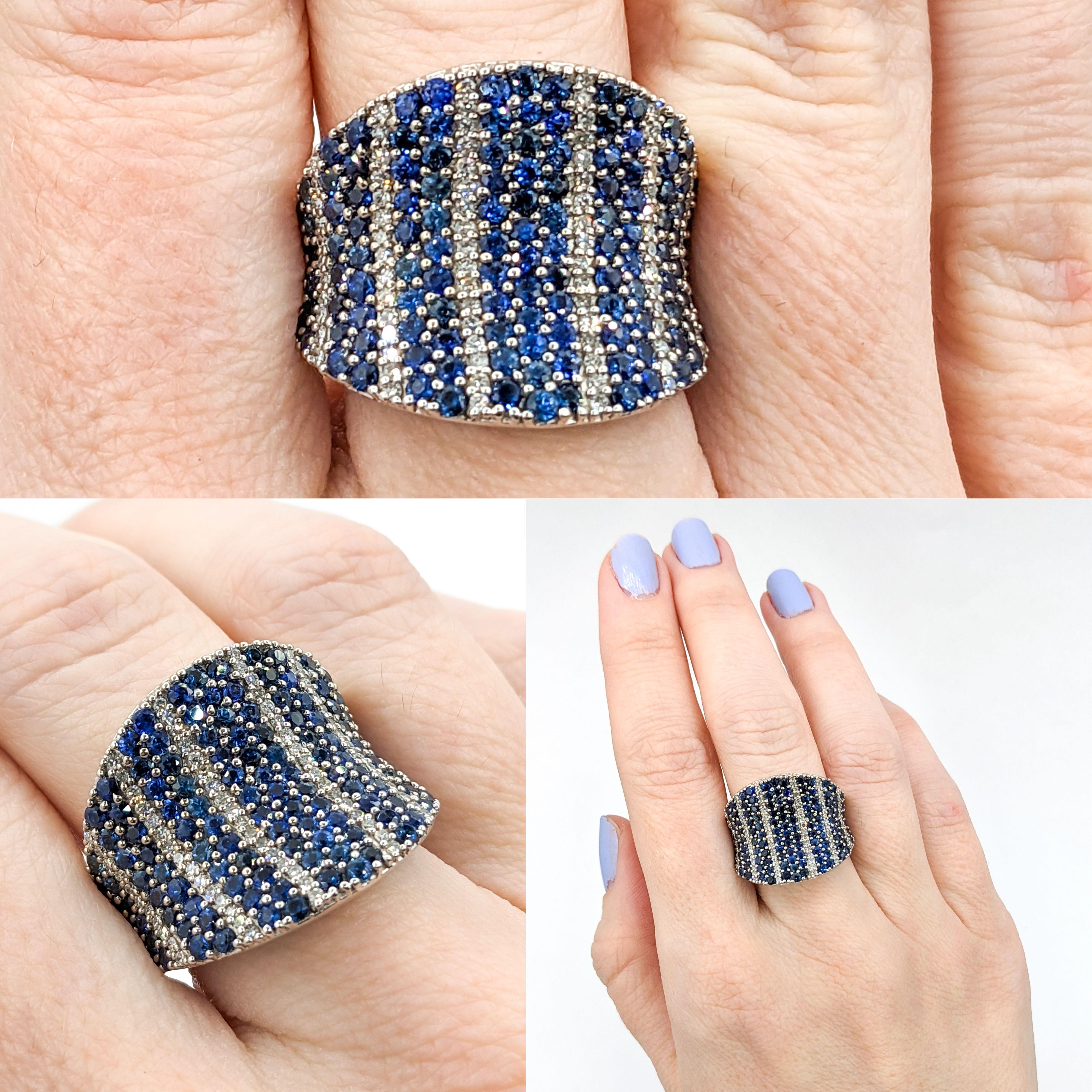 Contemporary Wide Diamond & Sapphire Ring White Gold For Sale