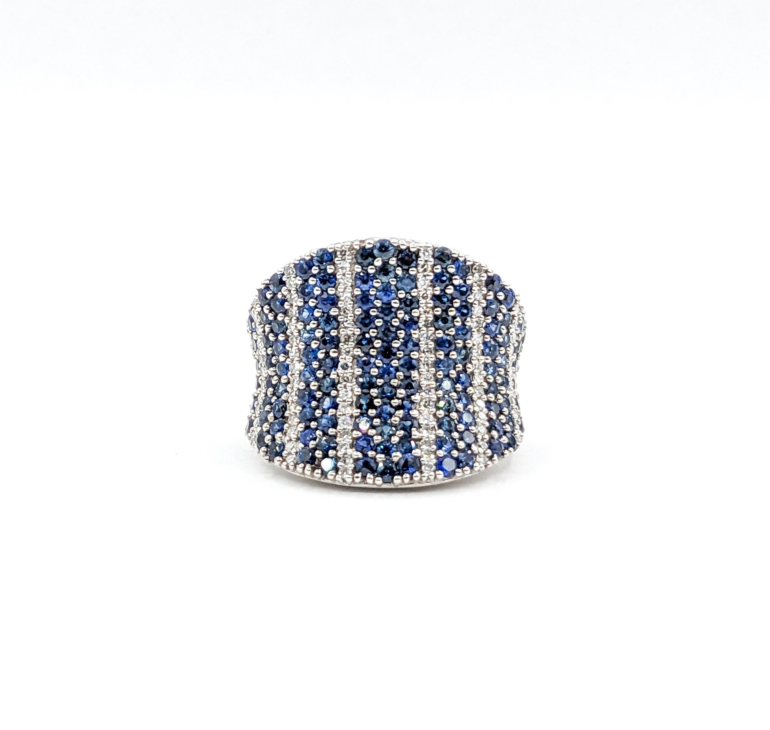 Wide Diamond & Sapphire Ring White Gold For Sale 2