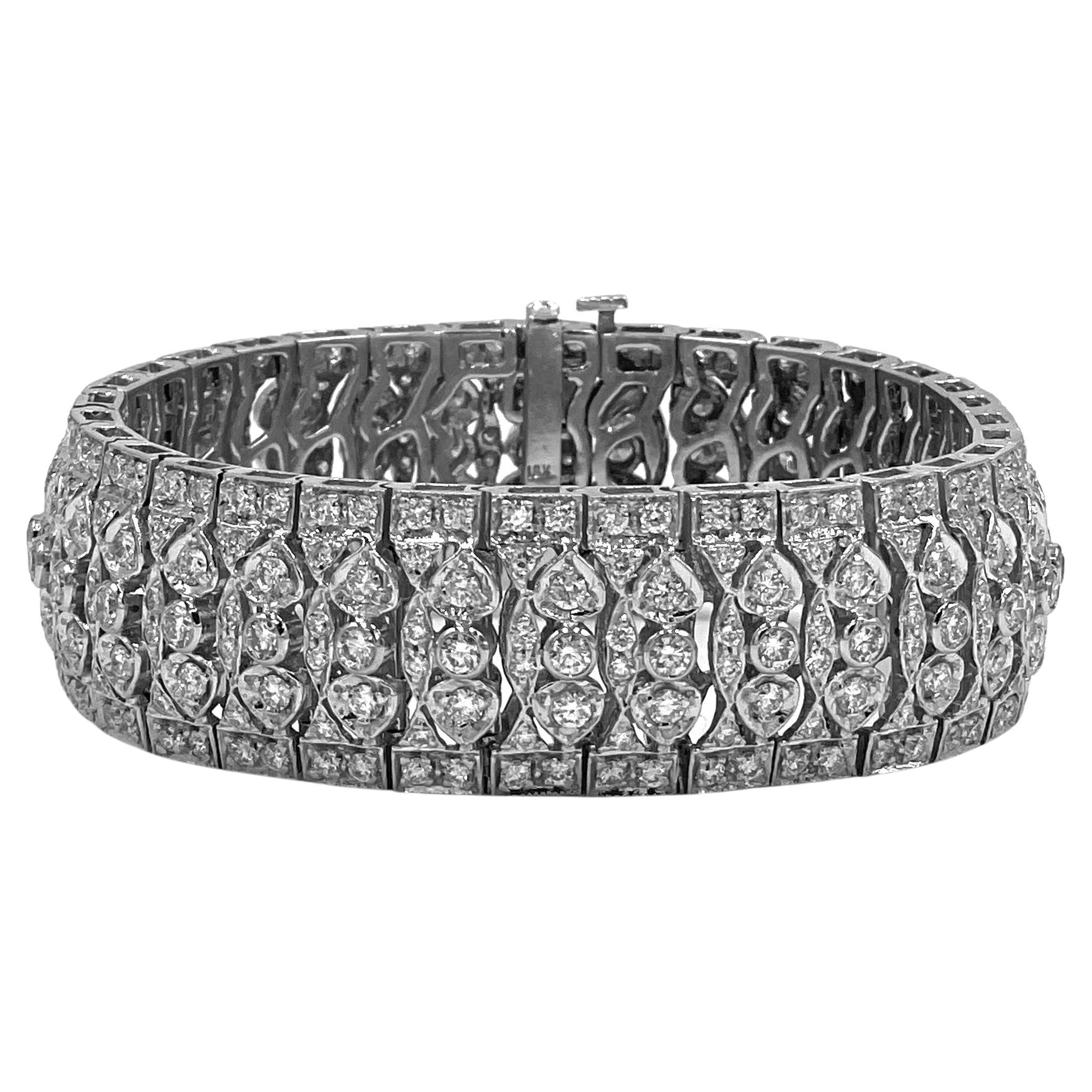 Wide Vintage Style Bracelet, 18K White Gold and Diamonds For Sale