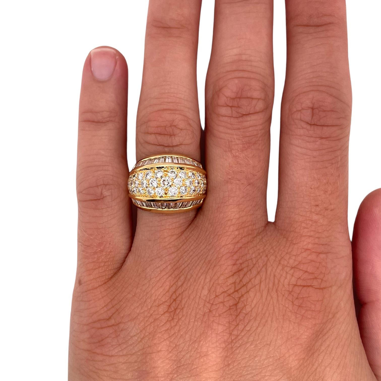Baguette Cut Wide Dome Baguette & Round Diamond Ring in 18K Yellow Gold