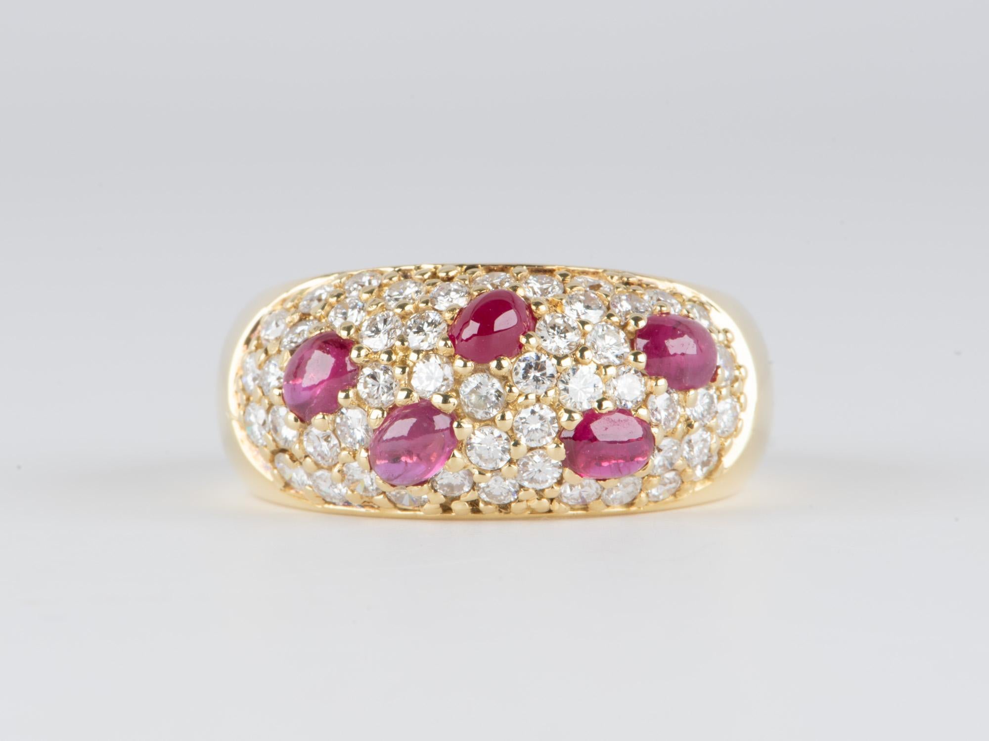 ♥ A slightly domed band featuring sprinkled cabochon rubies in a sea of micro pave set diamonds
♥ Nice weight on the hand, very comfortable to wear
♥ The face of the ring measures 20.7mm in width (East West direction), 9.3mm in length (North South