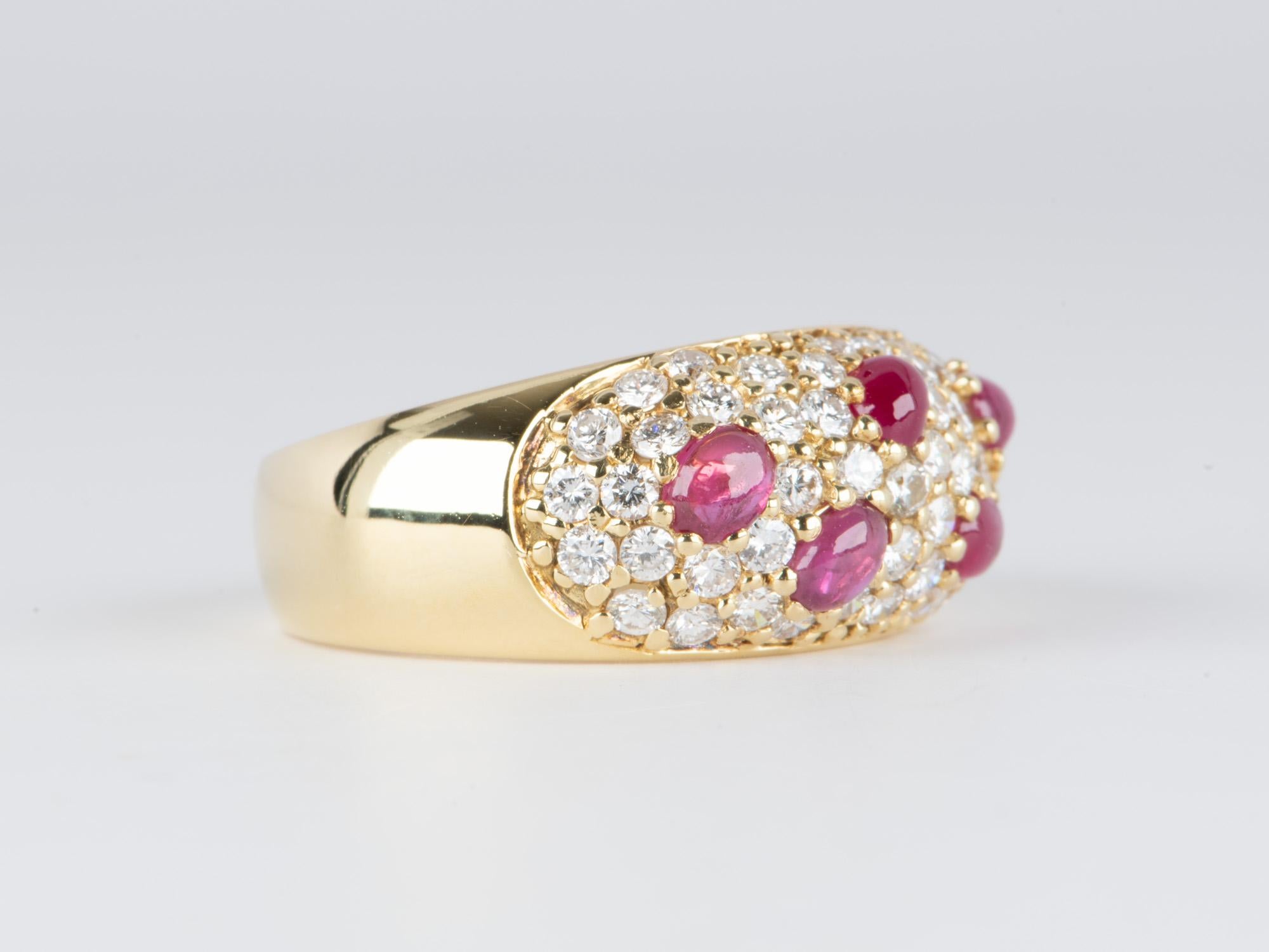 Uncut Wide Dome Band with Pave Diamond and Cabochon Ruby 18K Gold 6.6g V1117 For Sale